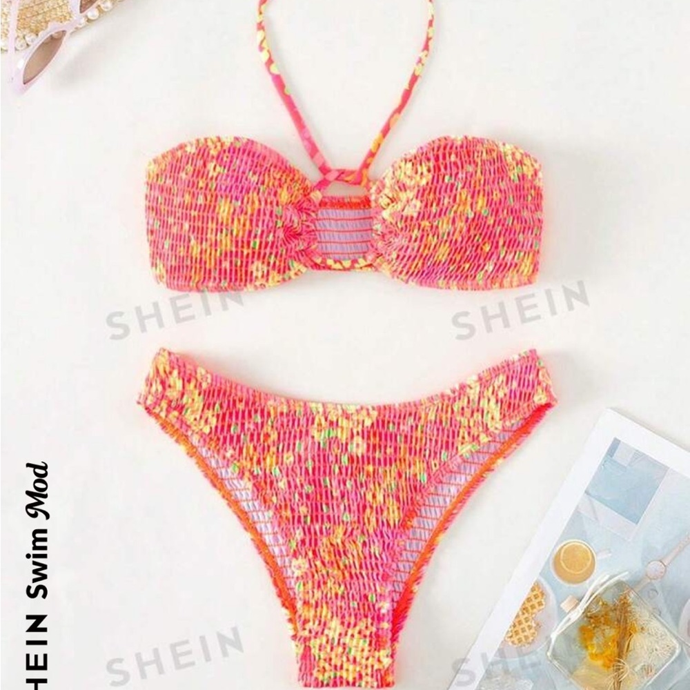 SHEIN floral swimsuit bikini 2-piece orange yellow neon swimwear bandeau top XS - Picture 5 of 10